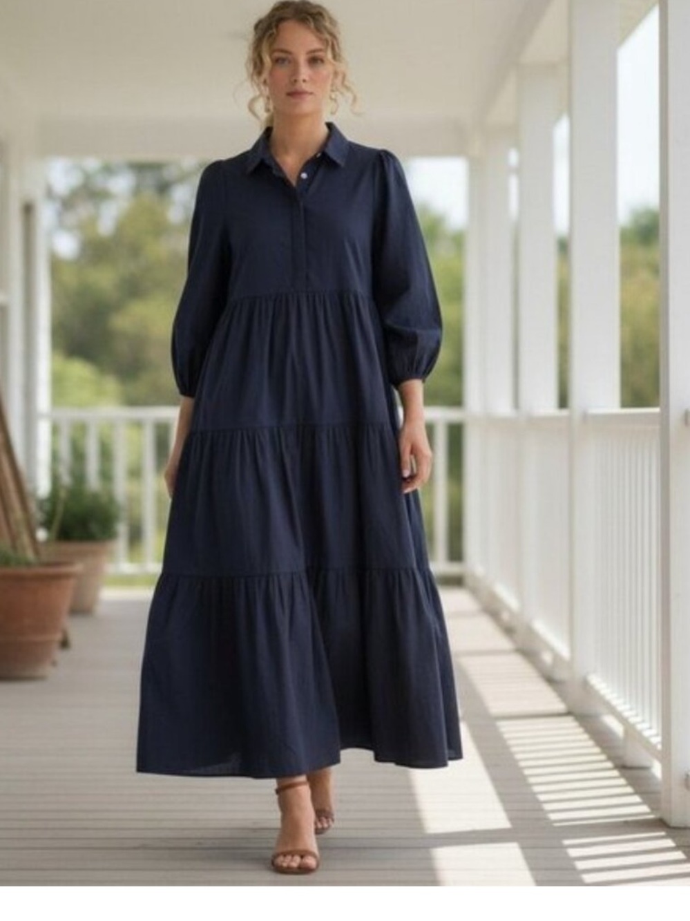 Pomander Place Navy Mabel Tiered Maxi Dress Size L Puff Sleeve